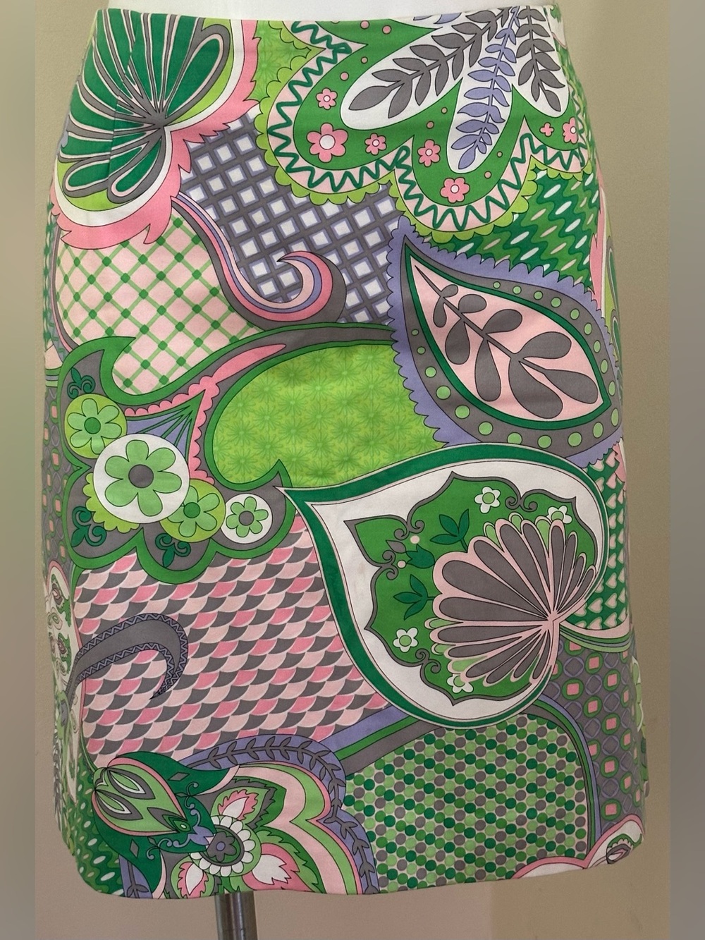 Melly M Green Pink Gray White Paisley Floral Leaf Print Cotton Midi Skirt Sz 8